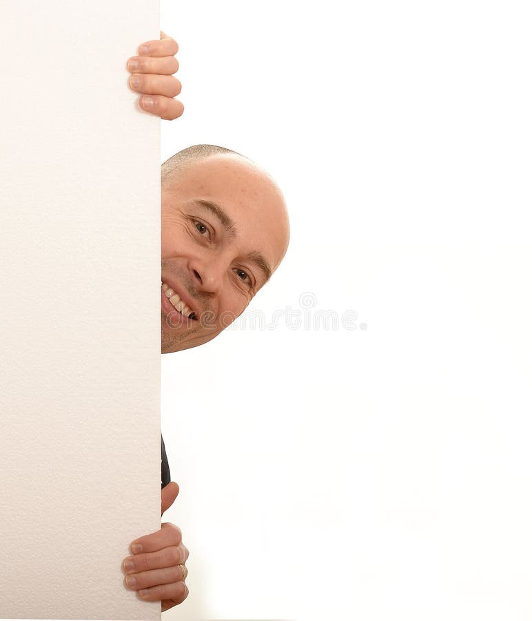 Man looking around blank sign