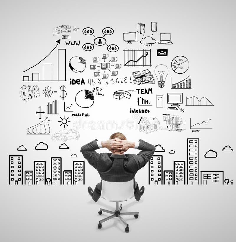 Businnessman sitting on chair and looking at business strategy. Diagram marketing research concept stock images, royalty-free photos and pictures