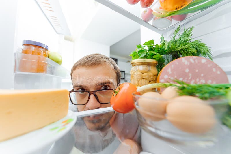 Man Looking Inside Fridge Full of Food Stock Photo Image of drink