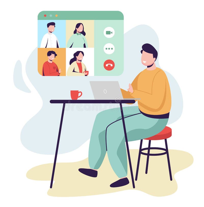 Man looking at the screen with video conference, online conversation sitting drinking coffee. Concept of working from home. Flat design illustration. Vector. Man looking at the screen with video conference, online conversation sitting drinking coffee. Concept of working from home. Flat design illustration. Vector