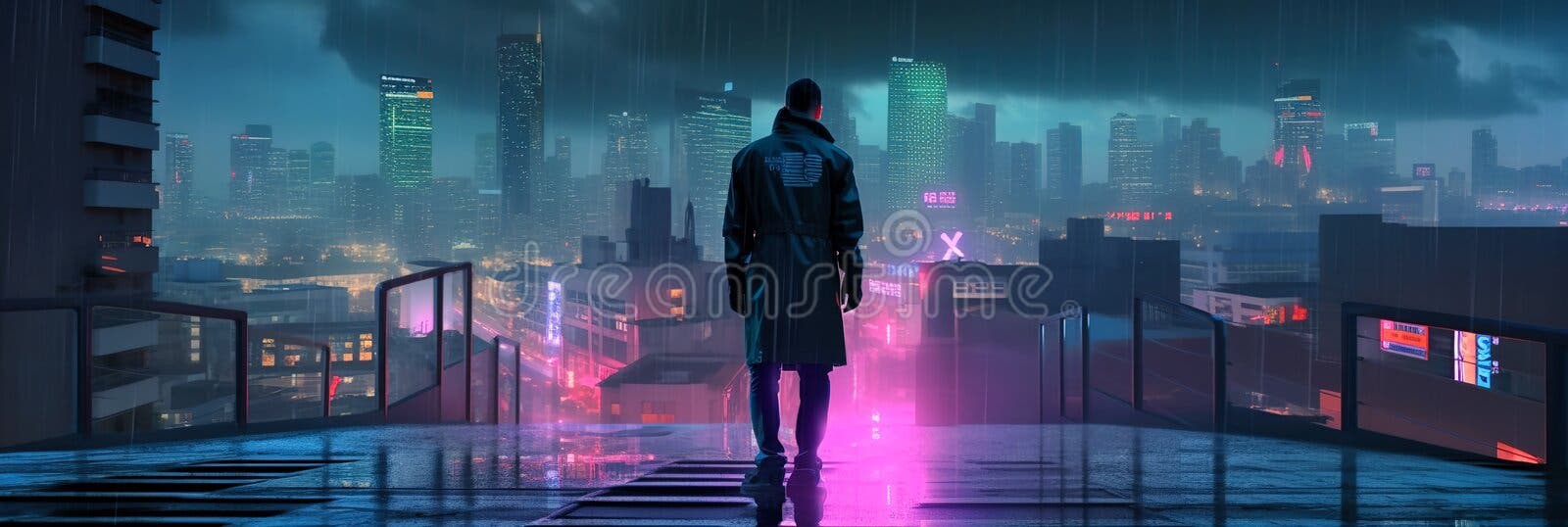 Teenager Standing on a Roof in Cyberpunk City Illustration Wallpaper  Generative AI Stock Illustration