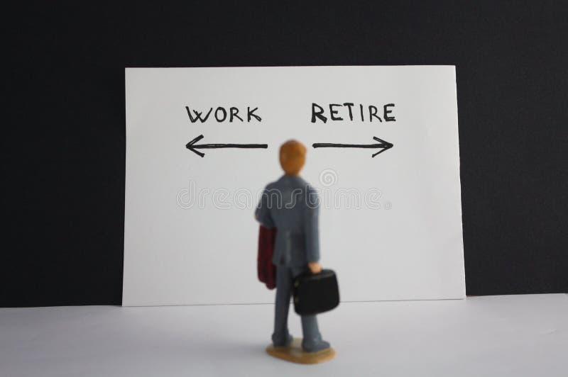 Man looks to work and retire inscription with arrows. Retirement concept