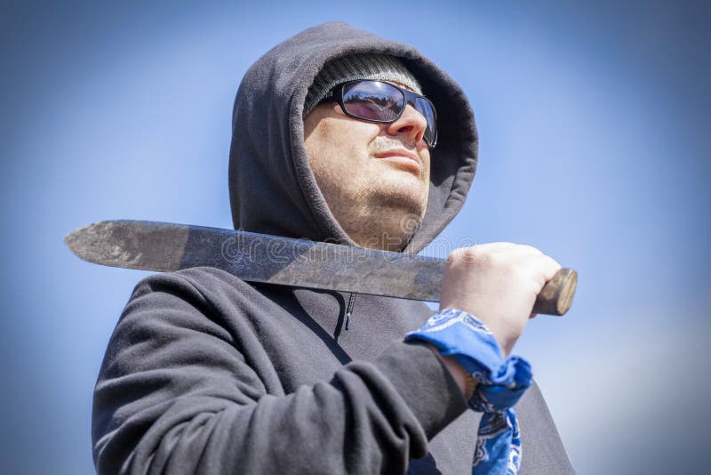 Man with Machete on Shoulder Stock Image Image of muscular, angry