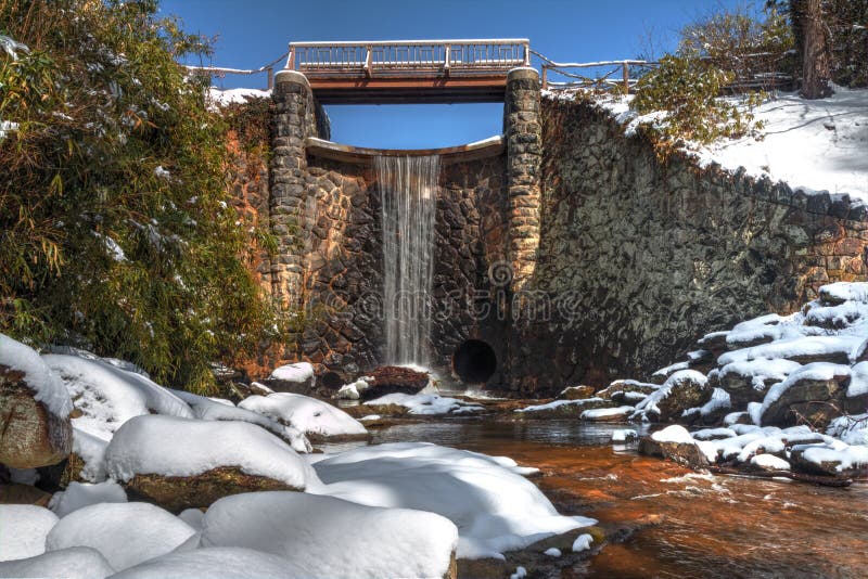 Man-made Waterfall In Snow In Asheville North Carolina