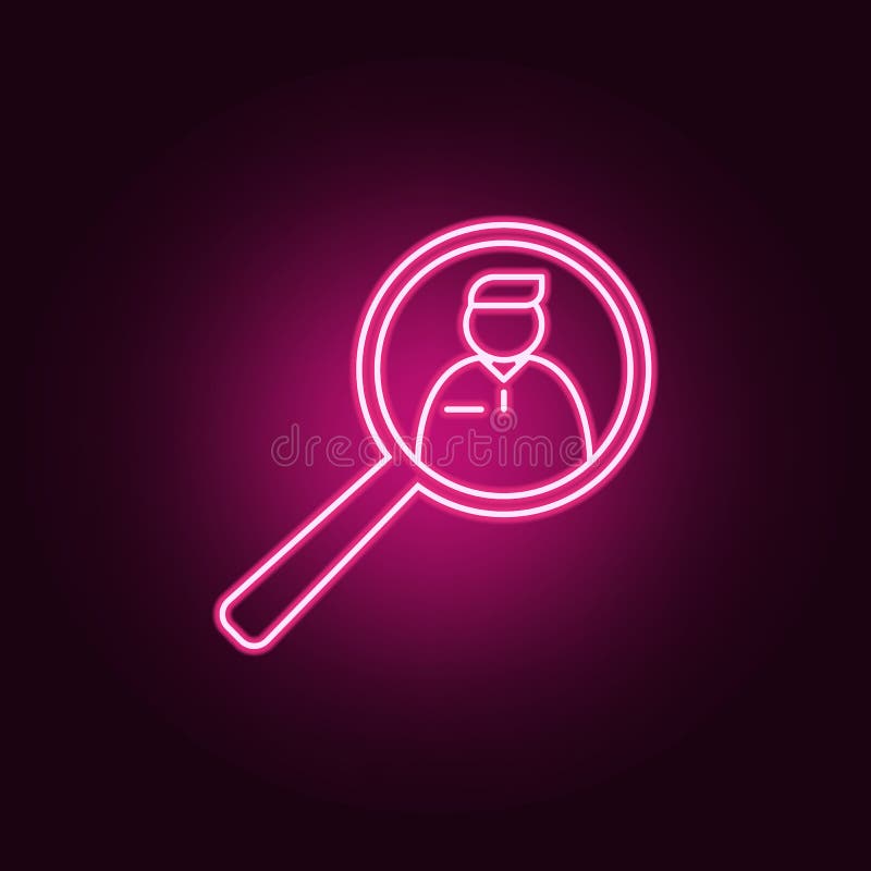 Man and magnifier icon. Elements of interview in neon style icons. Simple icon for websites, web design, mobile app, info graphics on dark gradient background