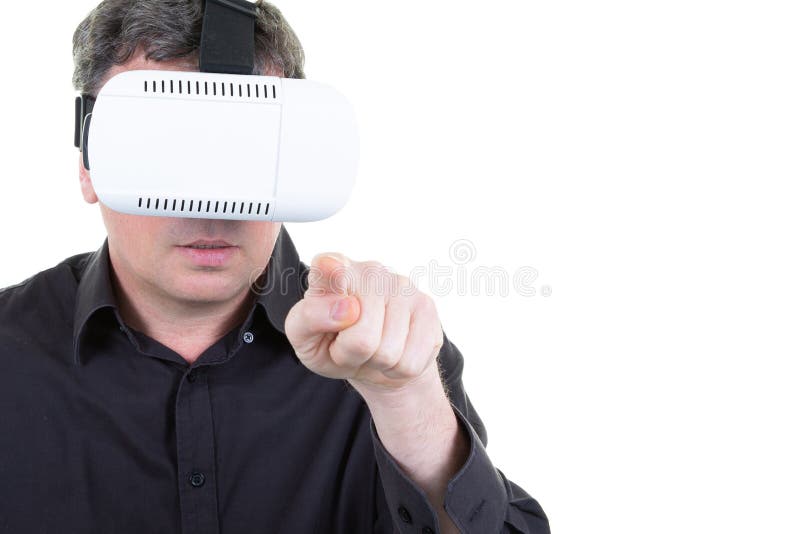 Man making gestures wearing virtual reality goggles stock photos