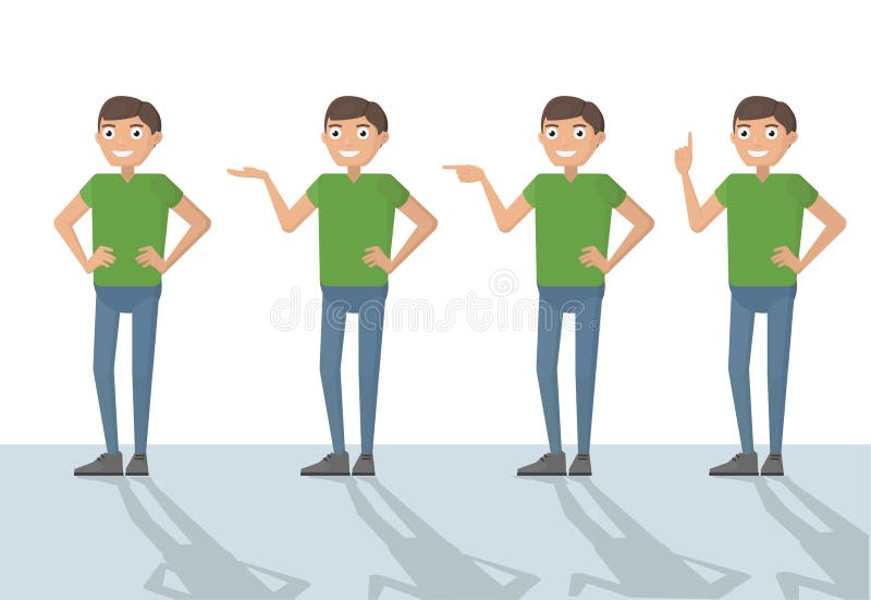 Man male person funny cartoon casual in various poses pointing w stock illustration Man male person funny cartoon casual in various poses pointing w stock illustration