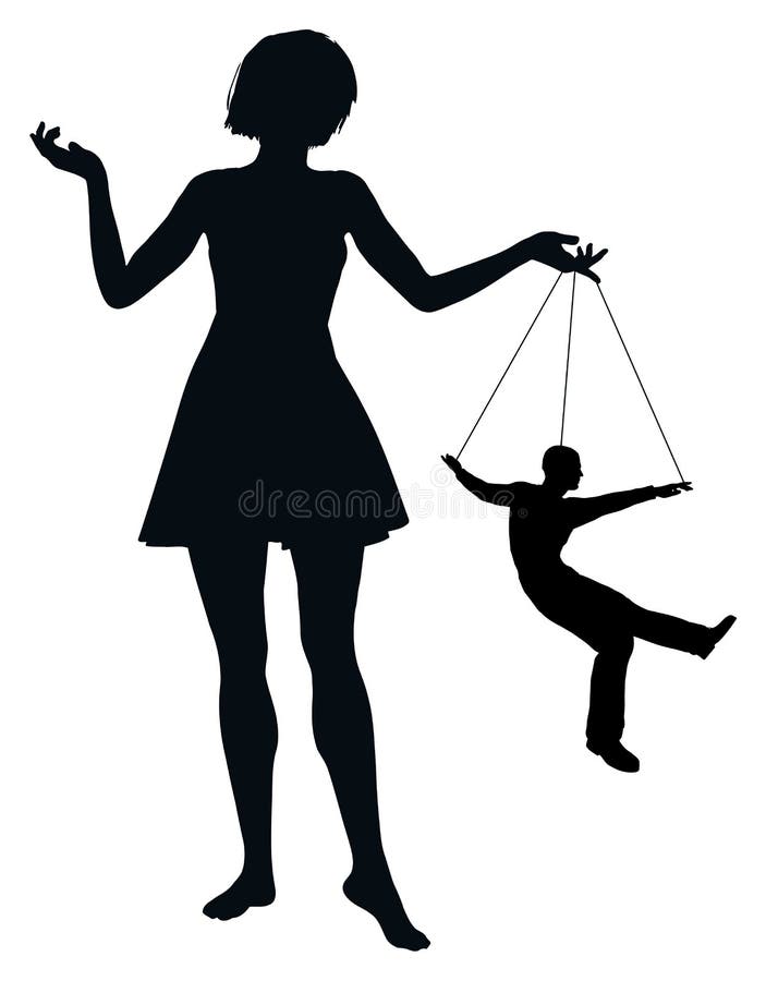 Woman treating man like marionette, concept of humiliation and domination. Woman treating man like marionette, concept of humiliation and domination