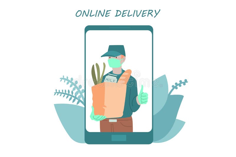 Poster concept for home delivery. Man in mask with bag full of goods inside of smartphone. Restaurant or supermarket delivering food at doorstep in quarantine. Sitting home and Order online food at anytime.Man with mask delivering food. Poster concept for home delivery. Man in mask with bag full of goods inside of smartphone. Restaurant or supermarket delivering food at doorstep in quarantine. Sitting home and Order online food at anytime.Man with mask delivering food