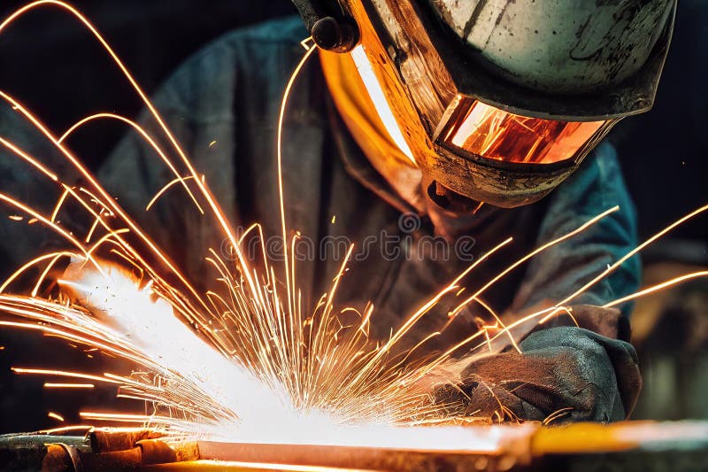 Man in mask bent over machine welding process with steel. royalty free illustration