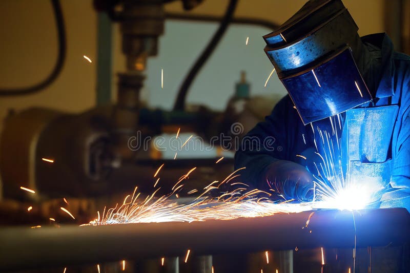 Man in mask bent over working machine welding process. vector illustration