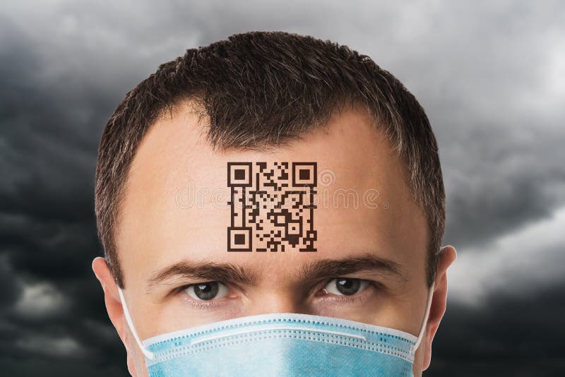 A Man in a Mask with a QR Code on His Forehead, Against the Background of a Cloudy Sky, a Concept on the Topic of a Digital Prison Stock Photo - Image
