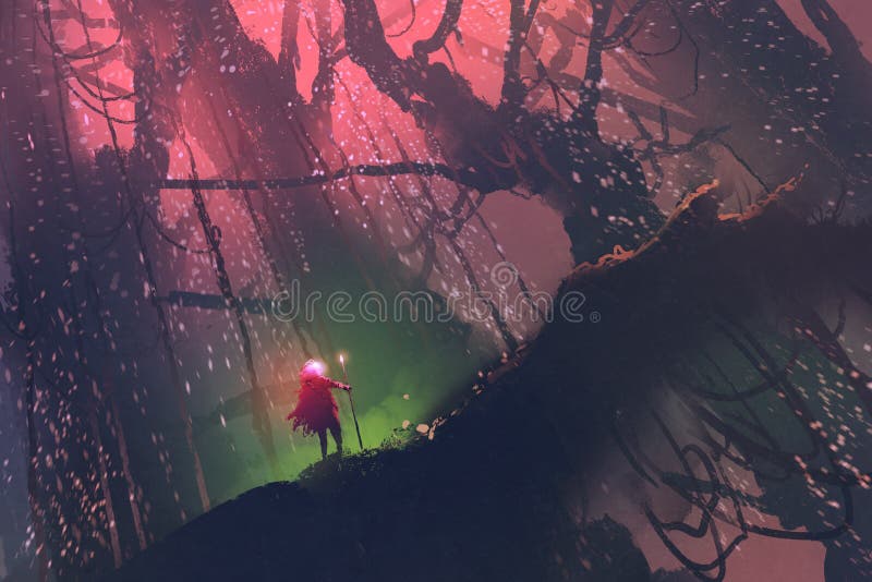 Man med den magiska polen som går på jätte- träd i förtrollad skog stock illustrationer Man med den magiska polen som går på jätte- träd i förtrollad skog stock illustrationer