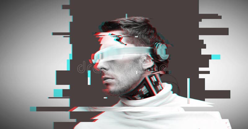 Man med futuristiska exponeringsglas och avkännare arkivbilder Man med futuristiska exponeringsglas och avkännare arkivbilder