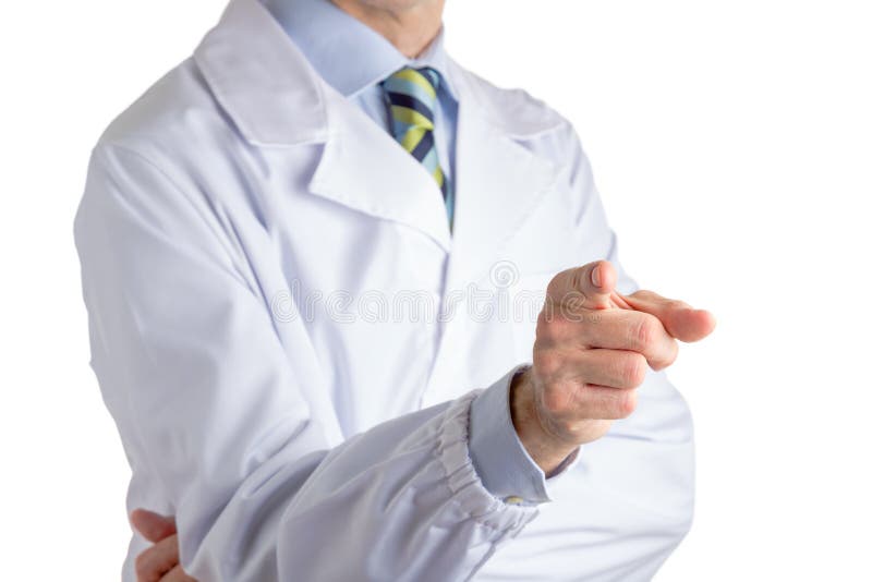 Man in medical coat pointing to viewer with right forefinger. Man dressed with medical white coat, light blue shirt and glossy regimental tie with dark blue stock photography Man in medical coat pointing to viewer with right forefinger. Man dressed with medical white coat, light blue shirt and glossy regimental tie with dark blue stock photography