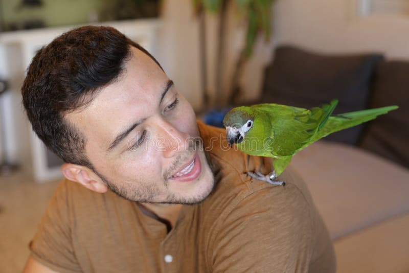 Man holding green dwarf macaw. Man holding green dwarf macaw.