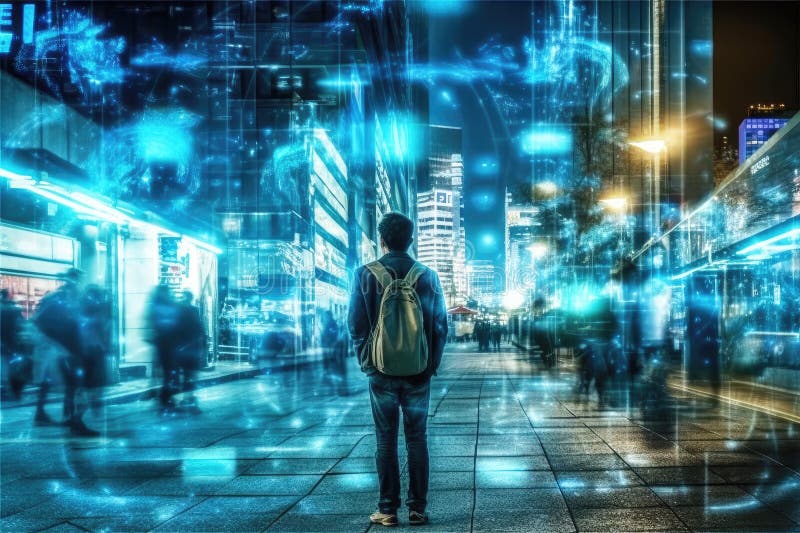 A Man in the Midst of a Technologically Advanced Metropolis Enriched