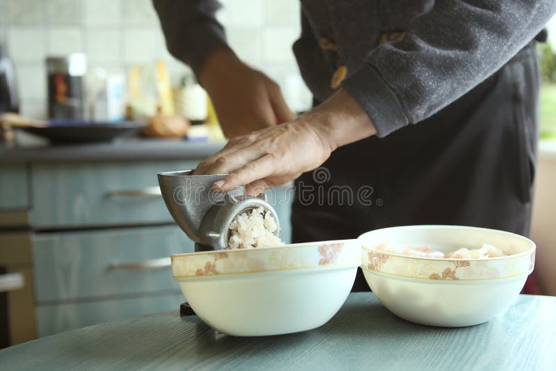 Man Mincing Fish with Grinder. Stock Photo Image of metal, fish 95062212