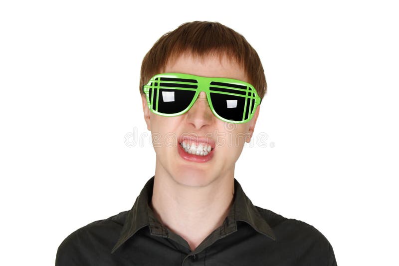 Man in modern club sunglasses grin isolated