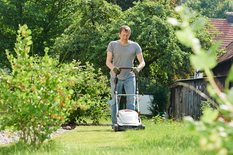 Man mowing lawn in backyard stock photography