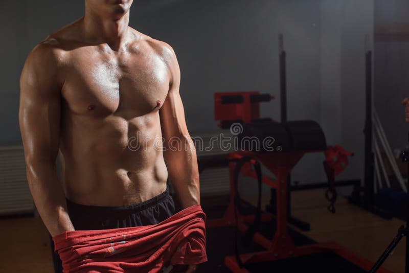 Strong Athletic Man Fitness Model Torso Showing Six Pack Abs Stock