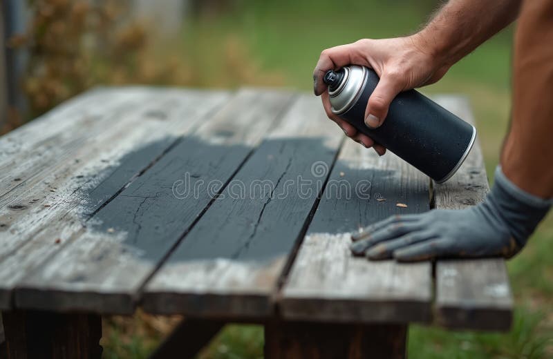 Man mâini spray vopsea culoare neagră pe masa de lemn. Renovare acasă îmbunătățire DIY proiect tâmplar de lucru. Vopsele pentru mu royalty free illustration