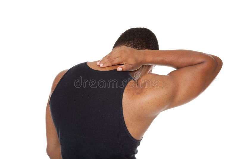 Isolated studio shot of a muscular man in a fitness outfit experiencing neck pain. Isolated studio shot of a muscular man in a fitness outfit experiencing neck pain.