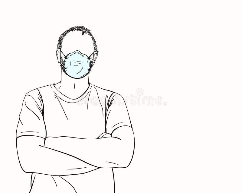 Man with no face in medical mask with arms crossed over his chest, Hand drawn portrait, Coronavirus