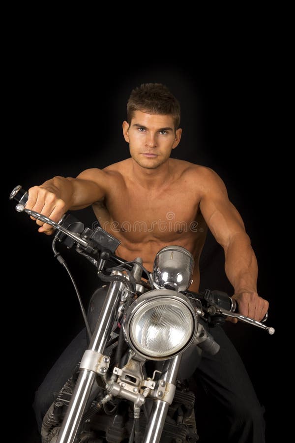 Download Man No Shirt Motorcycle Black Looking Serious Stock Image - Image of long, people: 46116071
