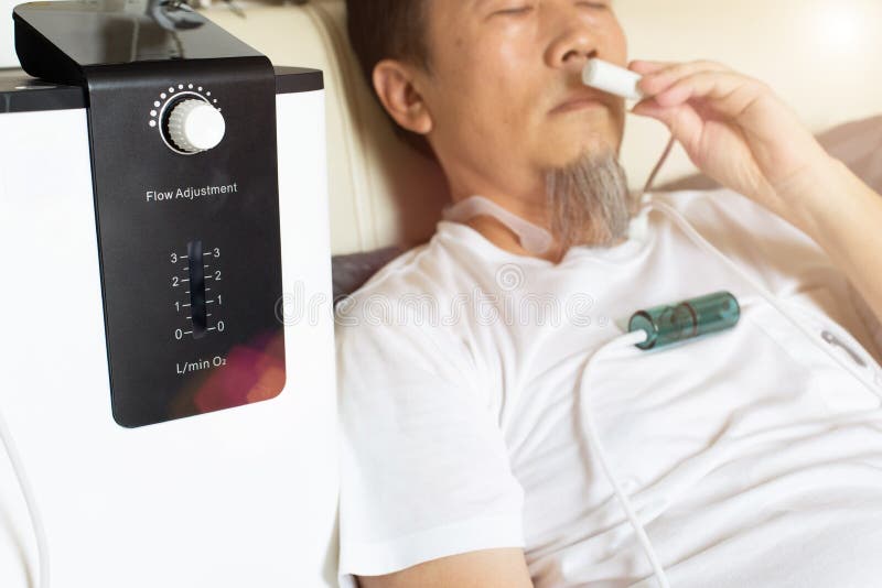 Man nursing care wear oxygen inhaler device for helping breath