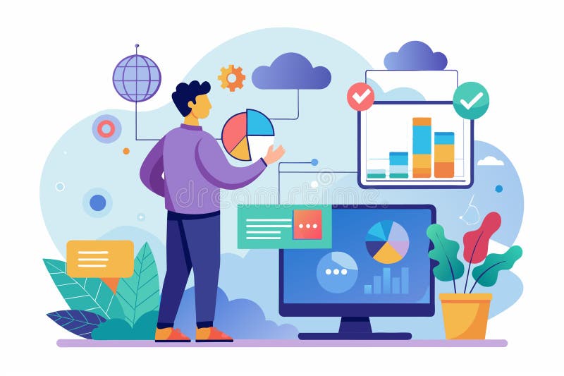 A man observes a detailed cloud computing diagram showing graphs and metrics at his desk, Man observing cloud computing diagram royalty free illustration