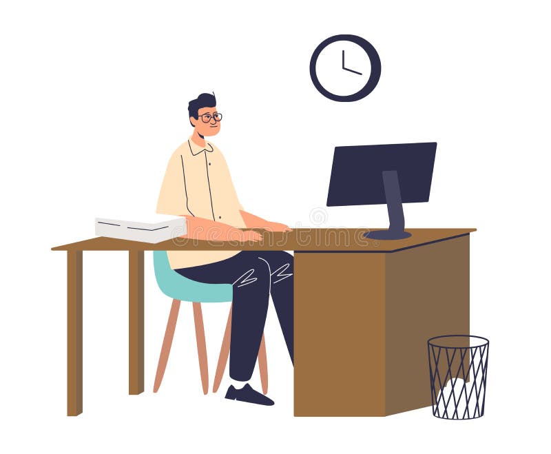 Man office worker procrastinating at workplace, sit bored at office desk with papers and computer. Procrastination at work concept. Cartoon flat vector illustration.
