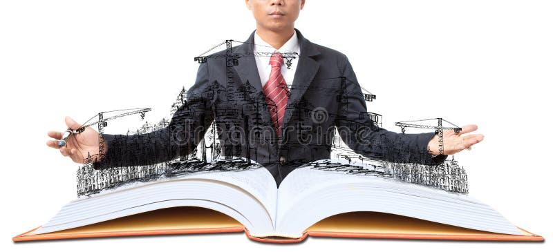 Man and open book with building construction on white stock images
