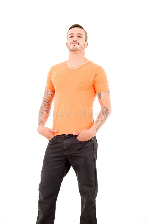 Man in Orange Shirt stock image. Image of caucasian, handsome 31032641