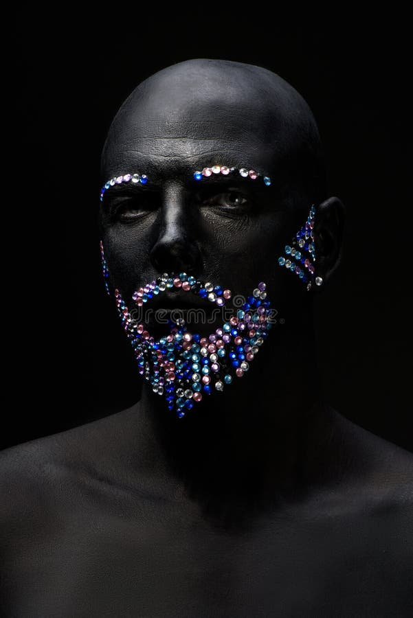 Man Painted in Black Color with Rhinestones Stock Photo Image of