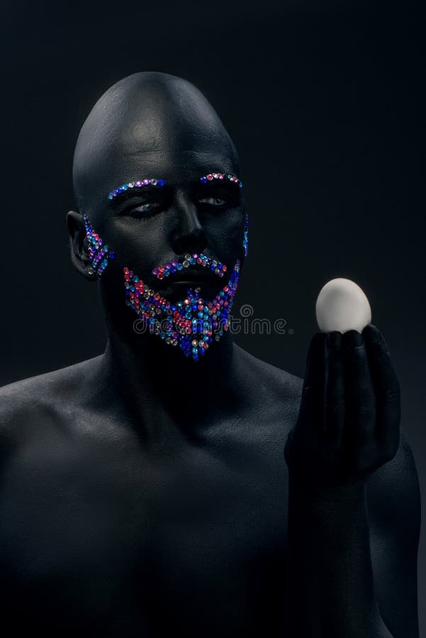 Man Painted in Black Color with Rhinestones Stock Image Image of