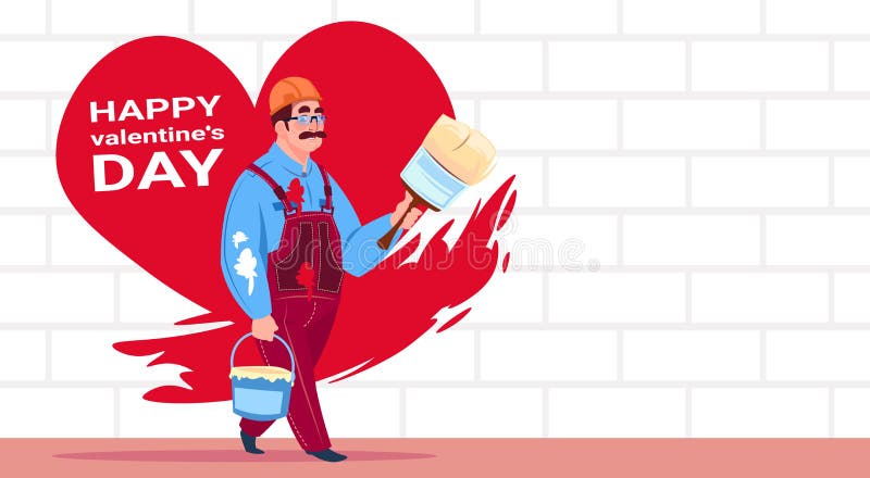 Man Painter Paint Red Heart Shape On White Brick Wall Happy Valentines Day Decoration Concept