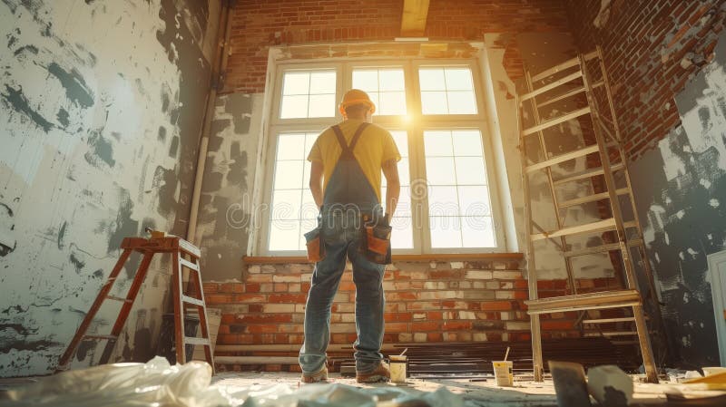 Man Painter Standing in Front of Building. Man Painter Standing in Front of AI generated