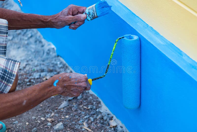 Man Painting Wall with Blue Dye, Closeup Stock Image Image of blue