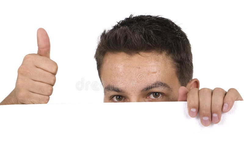 Man peeking behind emptybillboard