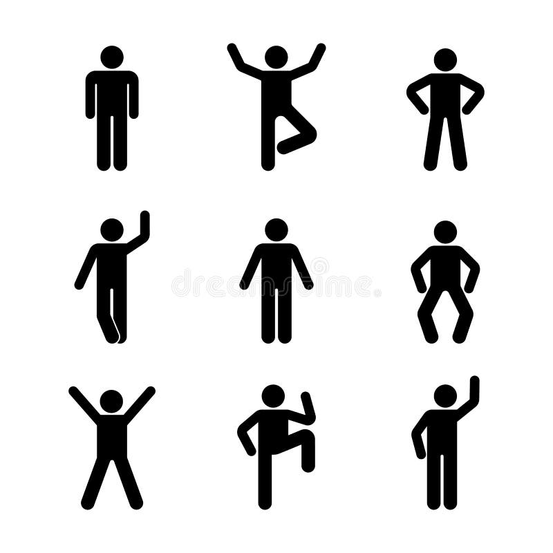 Man people various standing position. Posture stick figure. Vector illustration of posing person icon symbol sign pictogram. royalty free illustration