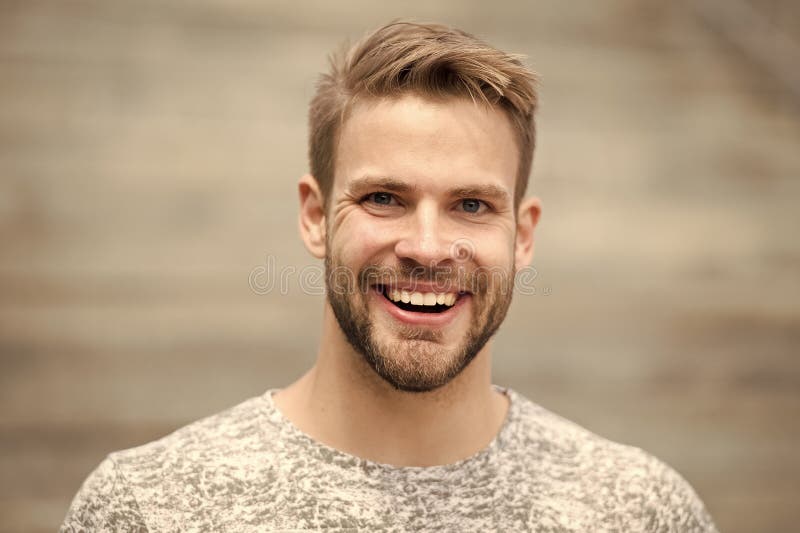 Man Perfect Brilliant Smile Unshaven Face Defocused Background Guy ...