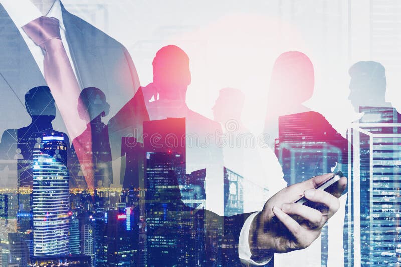 Man with phone and team in city, social network royalty free stock image Man with phone and team in city, social network royalty free stock image