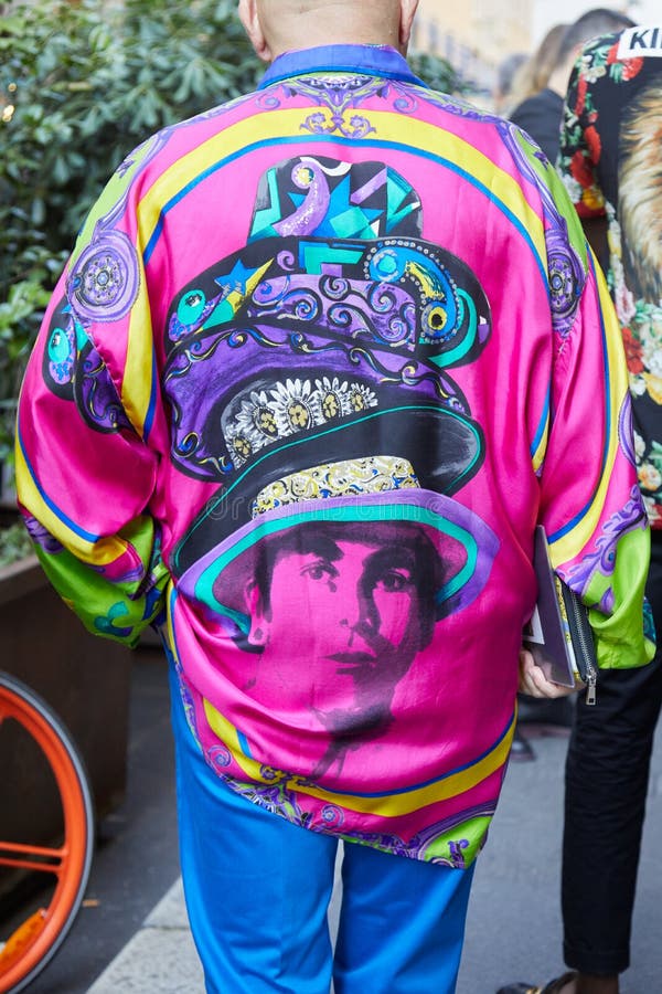 Man with Pink, Long Colorful Shirt with Portrait of Man with Hats before  Versace Fashion Show, Milan Fashion Week Editorial Stock Image - Image of  pink, outfit: 194553619