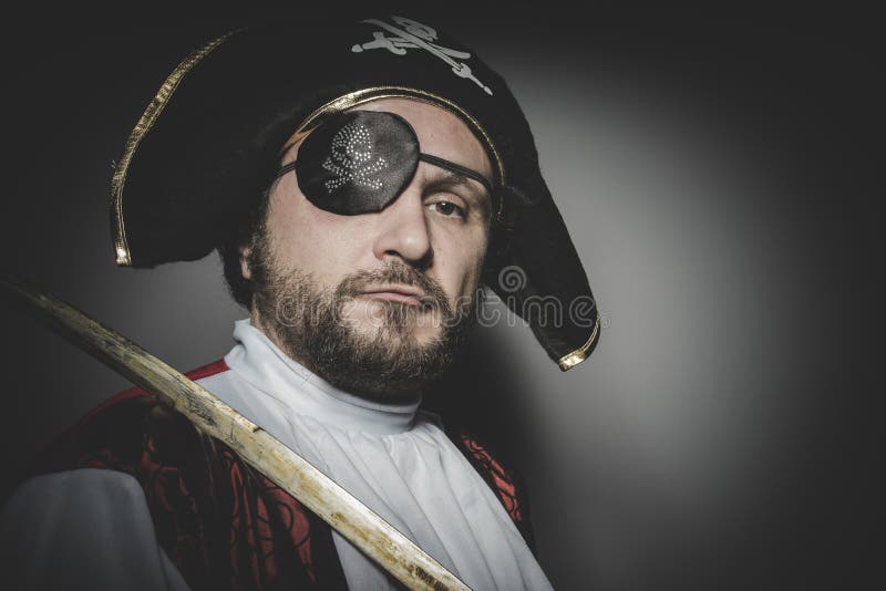 Man Pirate with Eye Patch and Old Hat with Funny Faces and Expressive