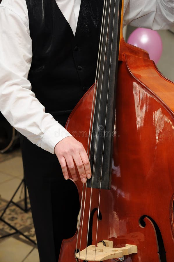 Man play contrabass close-up