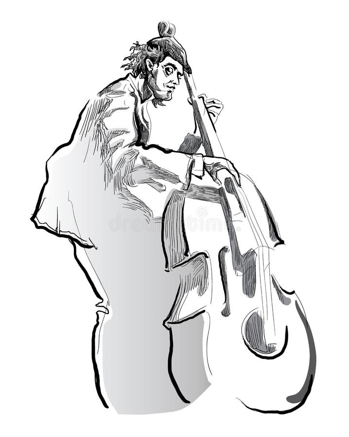 Man playing contrabass on white background. royalty free illustration
