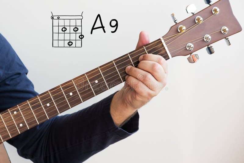 Man Playing Guitar Chords Displayed on Whiteboard, Chord A9 Stock Photo