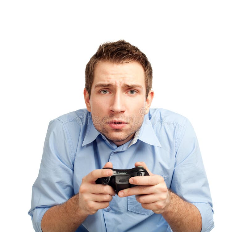 Man plays game seriously. stock image. Image of chat - 86505147