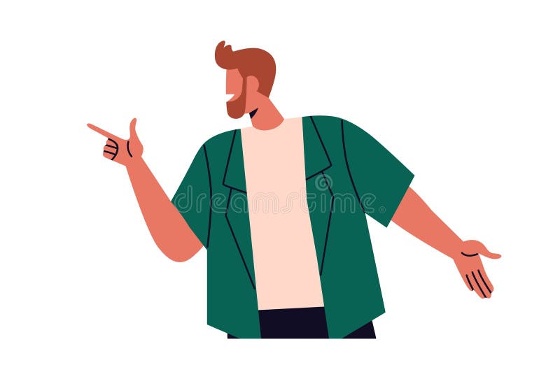Man pointing aside with index finger. Person looking sideways and gesturing with hand, showing, indicating with happy expression vector illustration